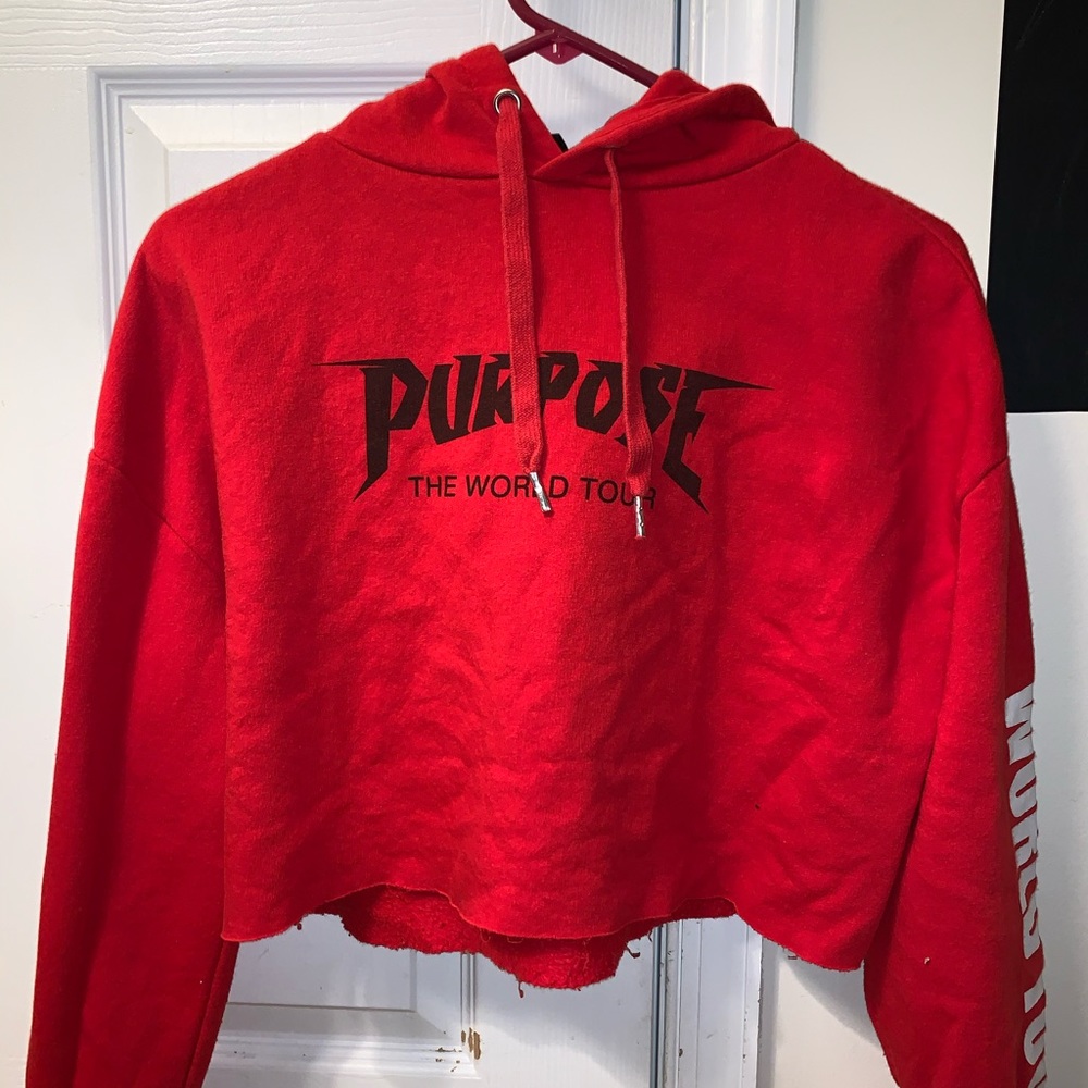 Red cropped Justin Bieber hoodie